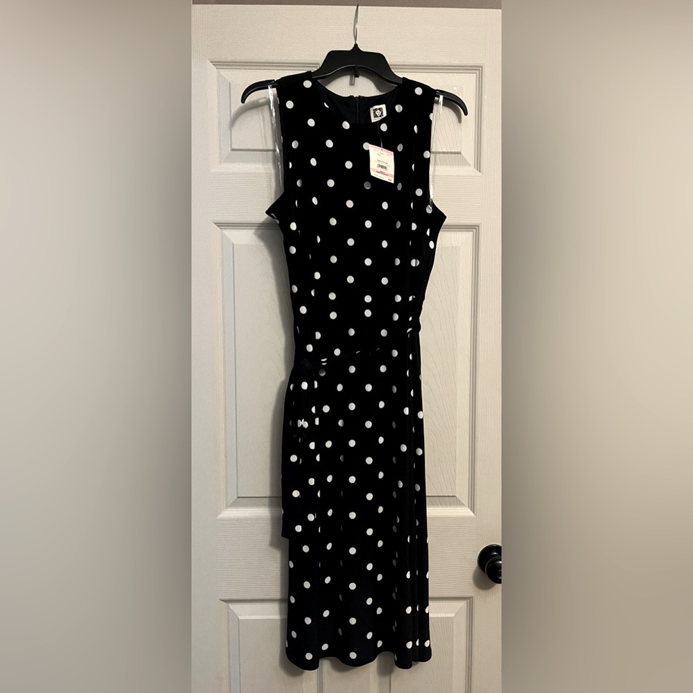 NWT ANNE KLEIN Navy Polka Dot Dress with Tie Belt Size 10